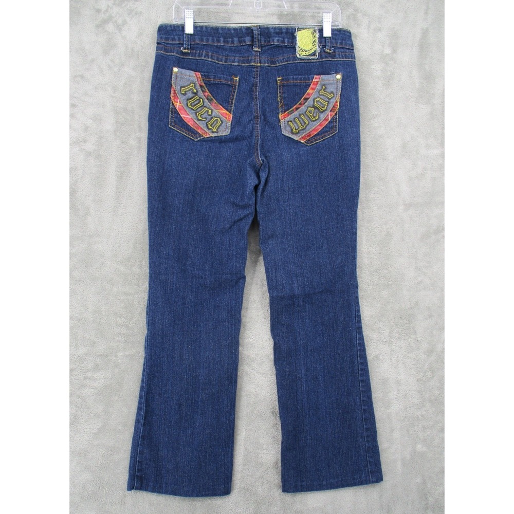 Rocawear Jeans Women Size 14 Dark Wash Y2K Embroidered Logo Streetwear Denim Zip